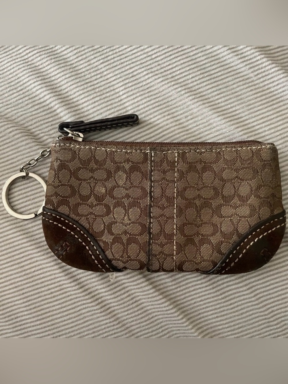 Coach Brown Signature Monogram Key Pouch with Leather Trim